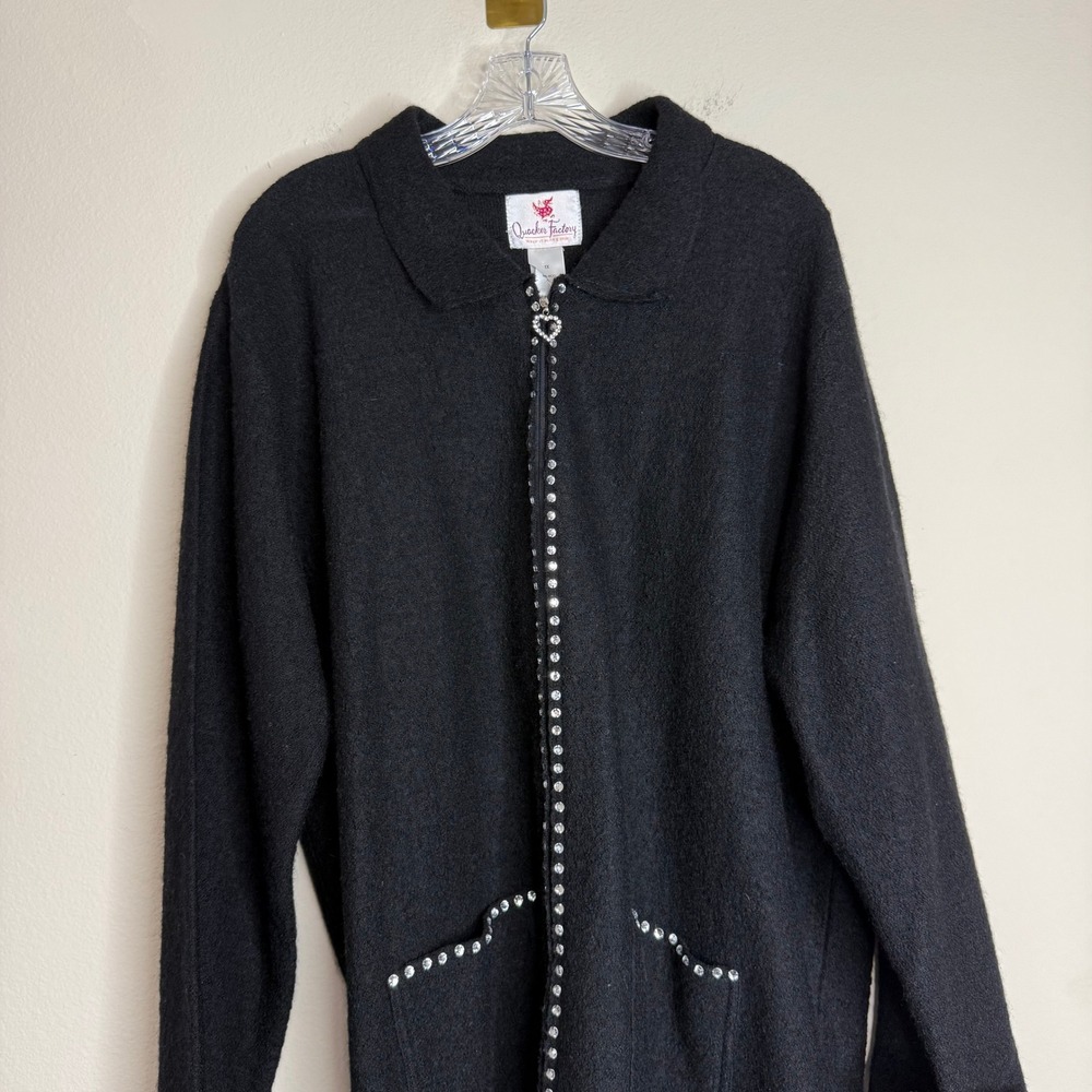 Quacker Factory Jacket Women 1X Black Boiled Wool Rhinestone Heart Zip Cardigan - Picture 3 of 5